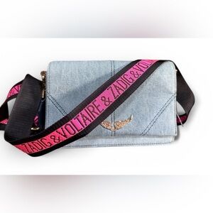 Zadig & Voltaire Denim Crossbody Bag w/ Logo Strap & Crystal Wings